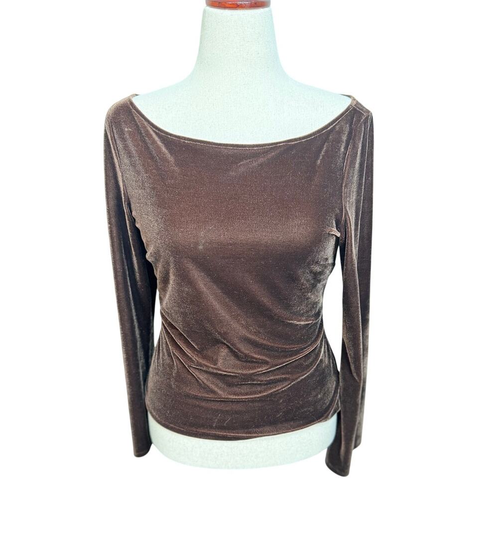 Bloomingdale's velvet top brown long sleeve side zipper boat neck stretch Sz 8